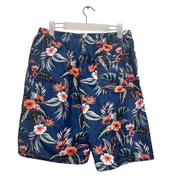 Aloha Elastic Waist Drawstring Floral Hawaiian Swim Board Shorts Blue Medium - Picture 3 of 3